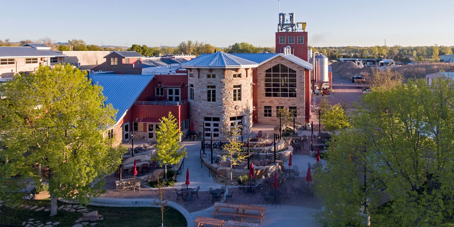 Aerial view of Odell Brewing's brewery and outdoor patio