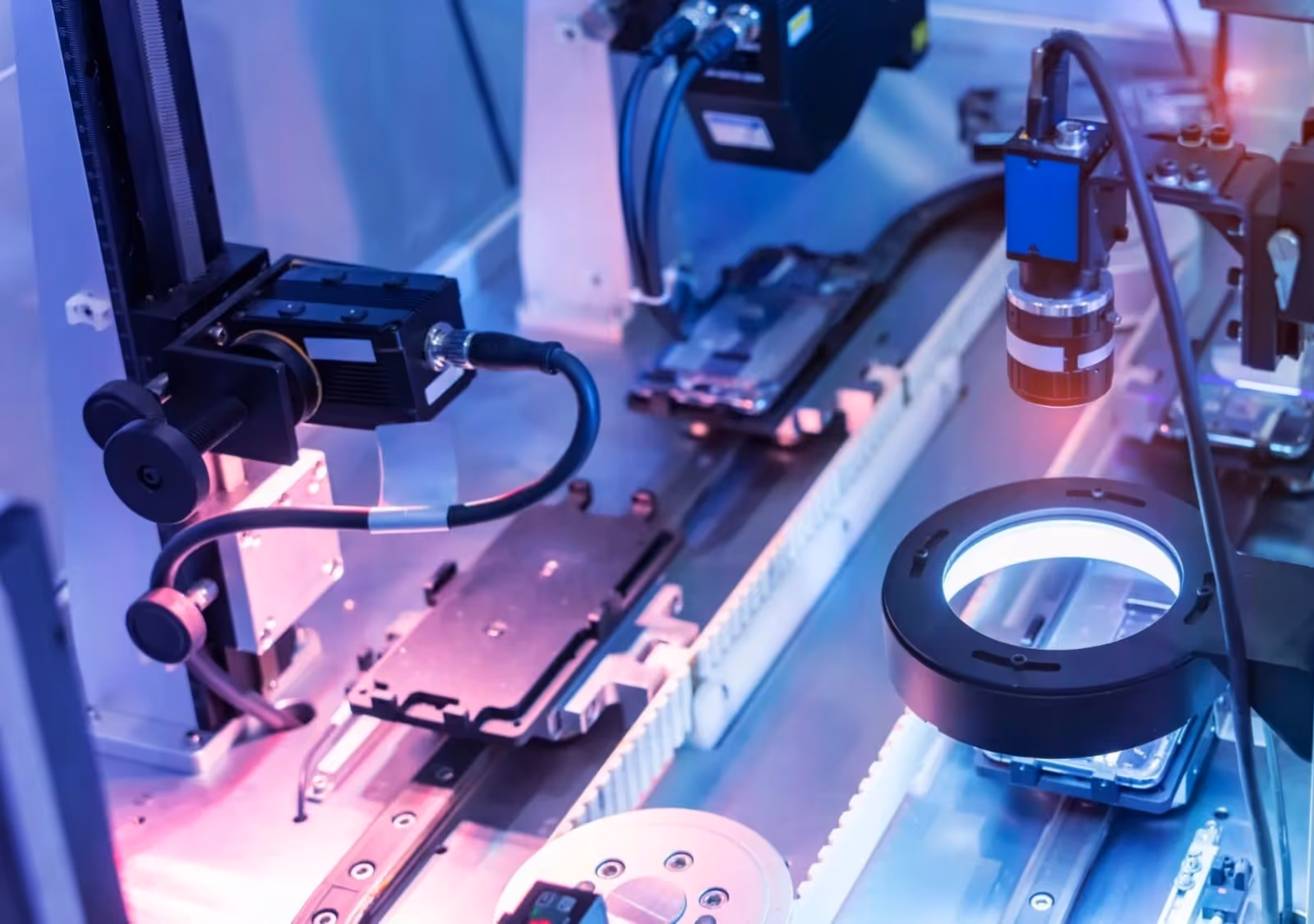 Automated industrial inspection line with cameras and electronic components
